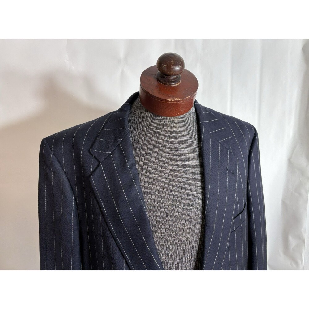 Vtg Men's 46R Holland & Sherry Navy Blue Wool Striped Bespoke Blazer USA EUC